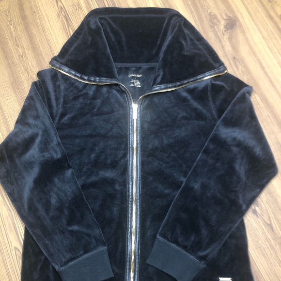 Calvin Klein full zip high neck jacket black velour cozy pockets Sz L - Picture 1 of 13